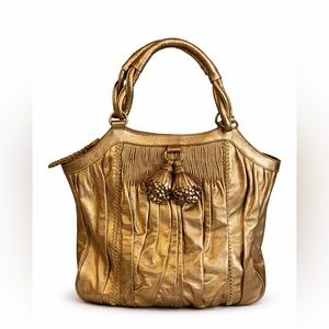Isabella Fiore Royal Pleats Metallic Gold Leather Tassel Tote